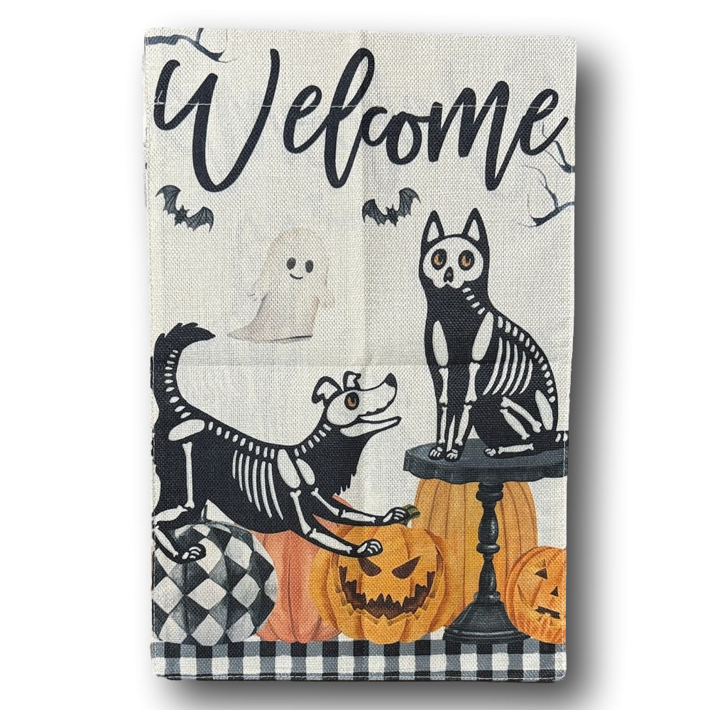 Skeleton Dog & Cat "Welcome" Halloween Garden Flag - NWT